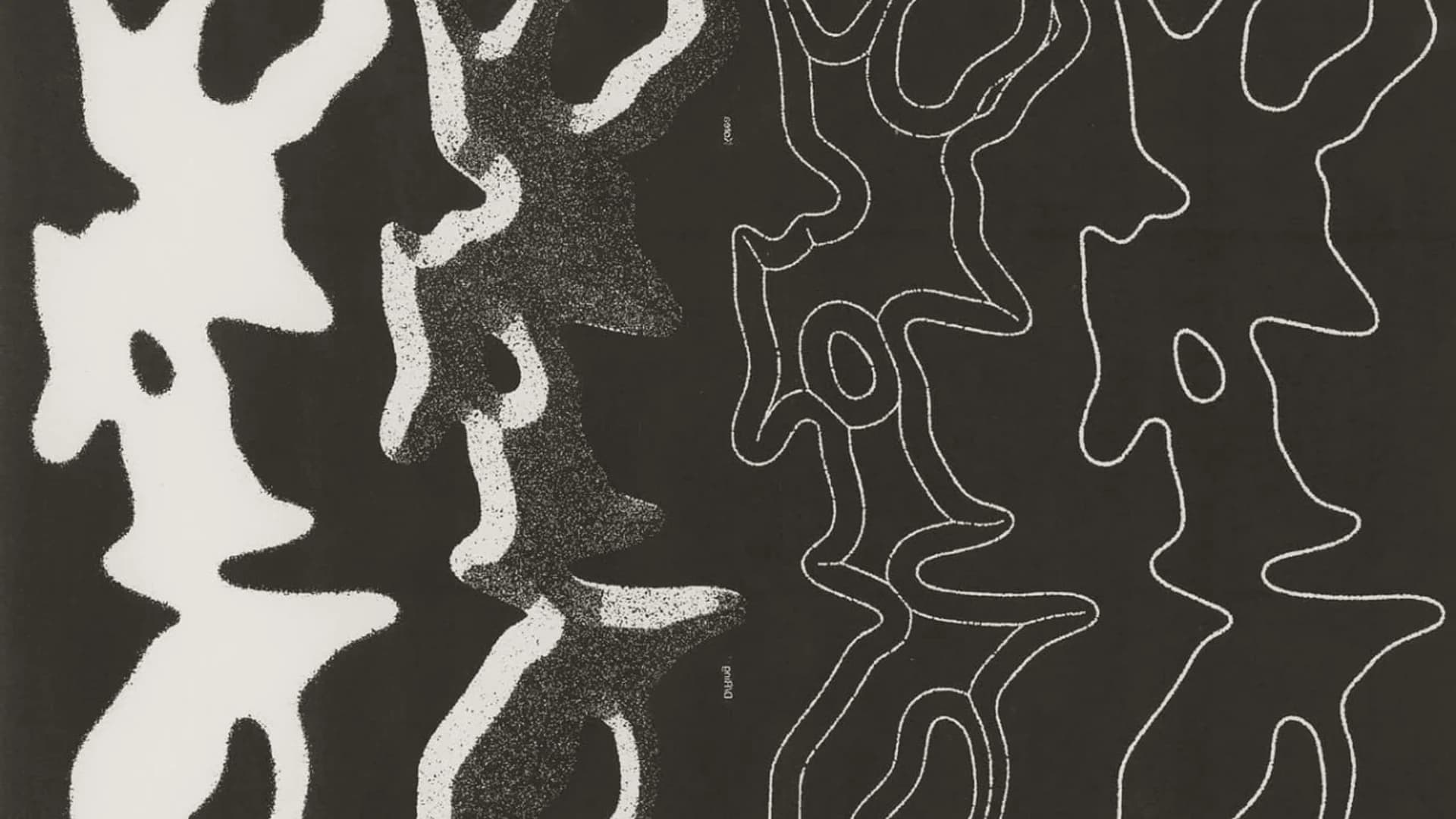A sheet of Ishiki decals laid on its side, so the same contour form runs as four columns — a solid fill, a grained negative, a double outline and a single outline.