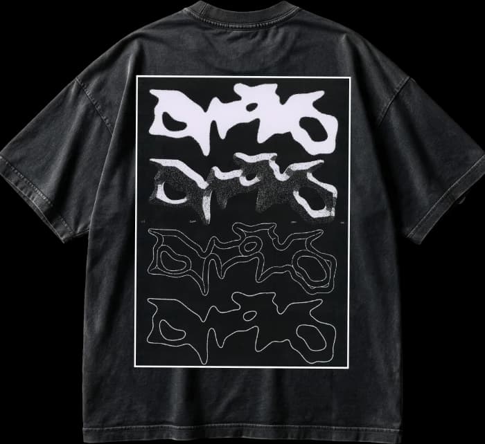 The back of the Ishiki Tee in washed black — a boxy crew neck with a framed print of the same contour lettering repeated four times, from solid white fill down to a single outline.