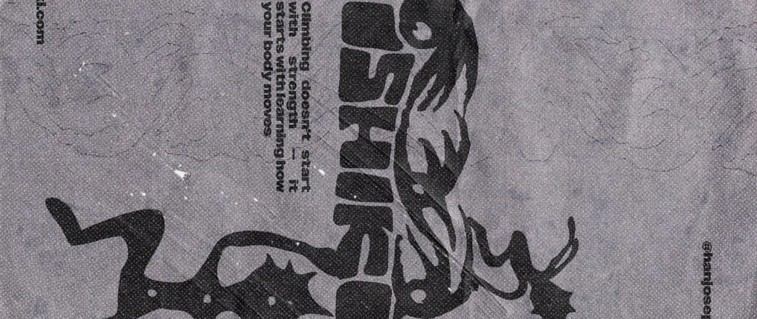 An Ishiki poster on textured paper, laid on its side: the logo, a climbing figure and the line about climbing starting with learning how your body moves.